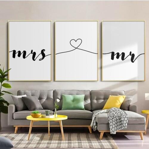 Black And White Love Phrase Mr & Mrs Canvas Painting Posters And Prints Living Room Bedroom Wall Art Pictures Home Decoration