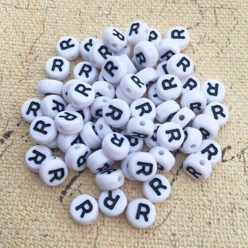 Black Single Letter R Printing Acrylic Alphabet Initial Beads 4*7mm Flat Round Coin Shape DIY Knit Bracelet Jewelry Letter Beads