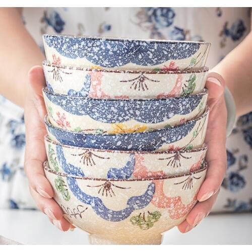 EECAMAIL Japanese-style Ceramic Bowl Home Eating Hand-painted Snowflake Glaze Small Soup Bowl Rice Bowl Creative Cutlery Set