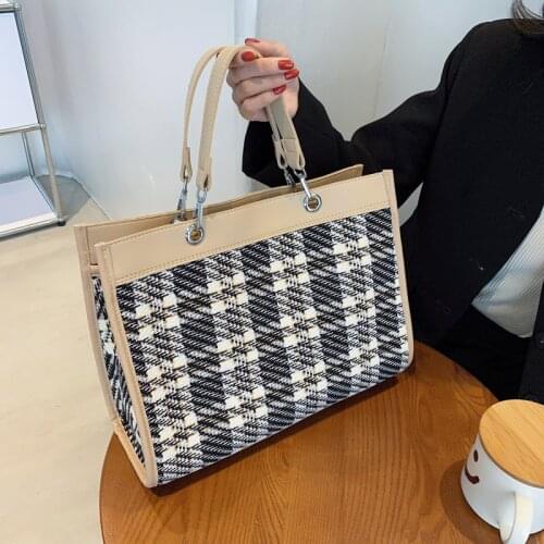 Elegant Plaid Canvas Tote Bag Designer Woven Handbag Leather Chain Shoulder Crossbody Bags For Women Shopping Bag High Capacity
