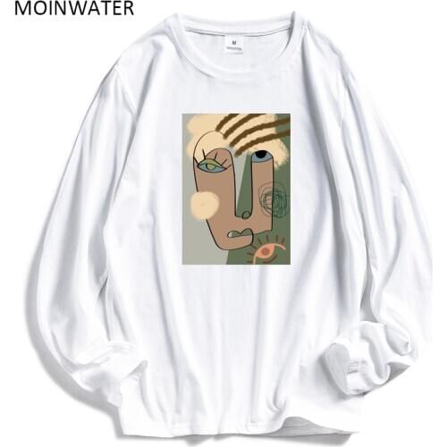 MOINWATER Women Fashion Long Sleeve T shirts Abstract Pattern Lady 100% Cotton Tees Female Soft Black White Base Tops MLT2025