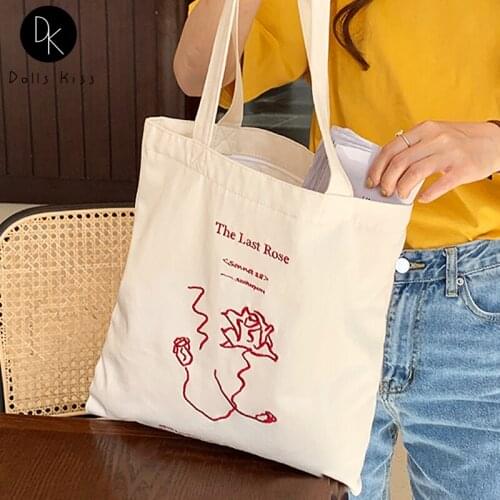 Ladies Canvas Shoulder Bag Women Retro Embroidered Rose Letter Handbag Female Large Eco Bag Girl Casual Grocery Totes and Wallet