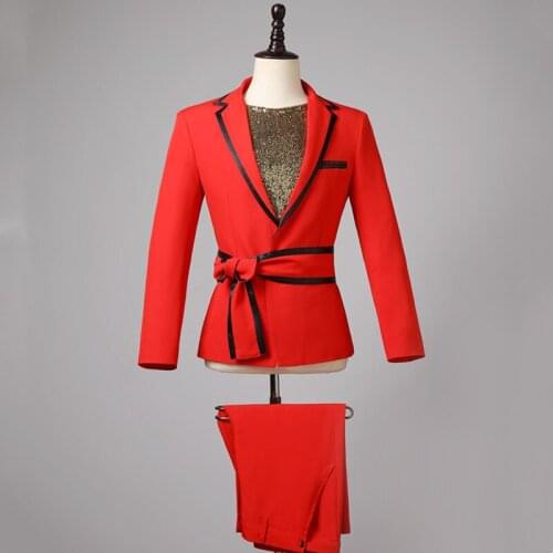 2 Piece Set Mens Custom Red Performance Suit Nightclub Bar Male Singer Host Dancer Groups Stage Show Casual Outfit