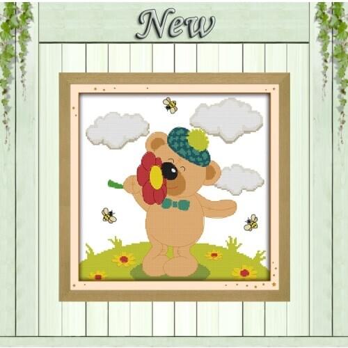 Little bear smelling flower cartoon painting counted printed on canvas Cross Stitch kits DMC 11CT 14CT needlework Set embroidery