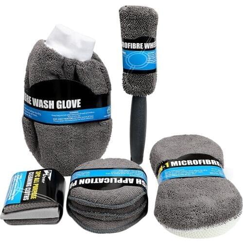 9Pcs Car Wash Cleaning Kit Microfiber Include 3* Microfiber Towels, 3* Applicator Pads, Wash Sponge, Wash Glove, Wheel Brush