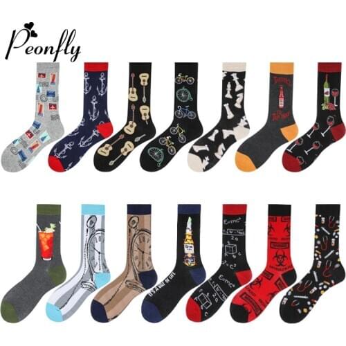 Peonfly Pair 1 Men Cotton Funny Crew Cartoon Bicycle Juice Guitar Printed Novelty Gift Socks for Autumn Winter