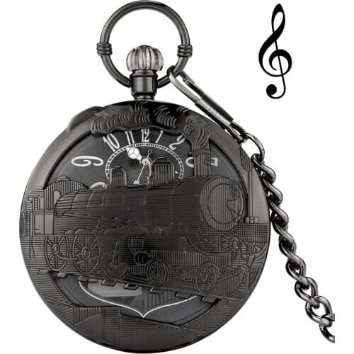 Hollow Hand Crank Music Quartz Pocket Watch Playing Music Fob Chain Watch Locomotive Art Collectibles Best Gifts for Men Women