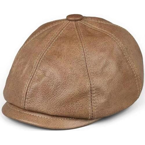 Retro Octagonal Genuine Leather Hat Autumn Mens Cowhide Leather Beret Elegant Fashion Student Tongue Cap Snapback Caps For Men