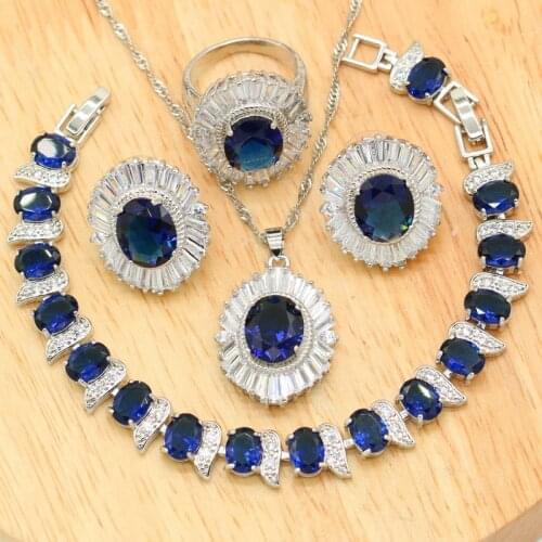 Silver Jewelry Sets for Women Royal Blue Topaz Stud Earrings Necklace Pendant Bracelet Bridal Ring Christmas Gift Box 4PCS