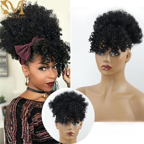 MERISIHAIR Synthetic Hair Extensions Curly High Puff Ponytail African American Hair Ponytail With Bangs Short Wrap Clip