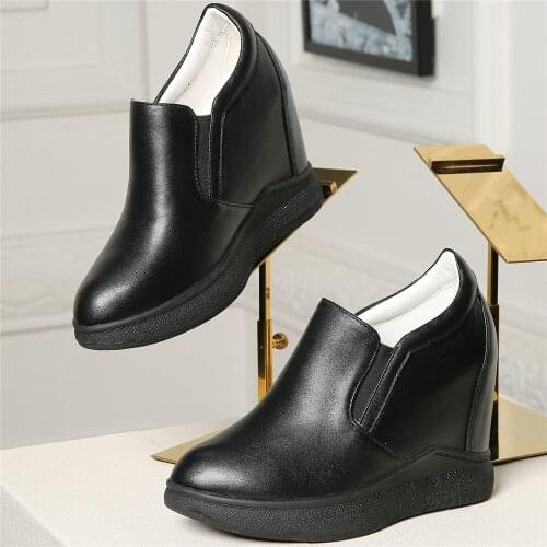 Platform Oxfords Shoes Women Slip On Genuine Leather Wedges High Heel Ankle Boots Female Round Toe Fashion Sneakers Casual Shoes
