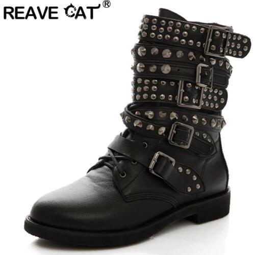 REAVE CAT Winter Women Round toe Lace Up Rivet Studded Low Heels Buckle Military Combat Motorcycle Riding Ankle boots Plus size