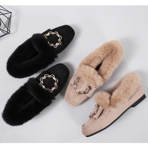 2021 Winter Cotton pregant shoes women flower metal buckle fur flats woman warm plush loafers fluffy moccasins plus size 35-42
