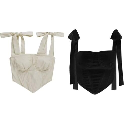 Women Tie Up Strap Crop Top Sexy Square Neck Backless Fish Boned Corset Camisole Solid Color Vintage Bustier Body Shaper