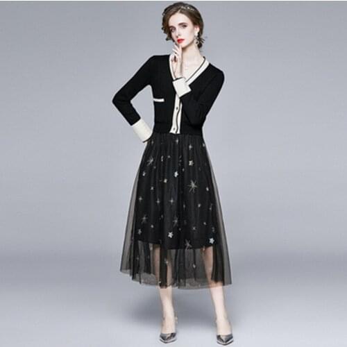 Women Spring & Autumn Elegant Mesh Skirt Suit High Quality Vinatge Party Femme Designer Black Cardigan Sweater Vestidos