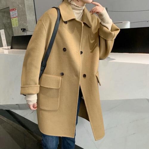 Women 2021 Autumn Winter Woolen Coat Female Turn Down Collar Double Breasted Wool Coats Ladies Elegant Cashmere Outerwear A315