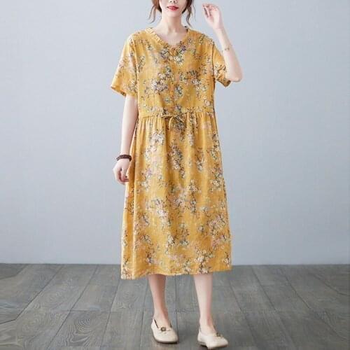 Women Cotton Linen Casual Dress New 2021 Summer Vintage Style V-neck Floral Print Loose Comfortable Female Long Dresses B449