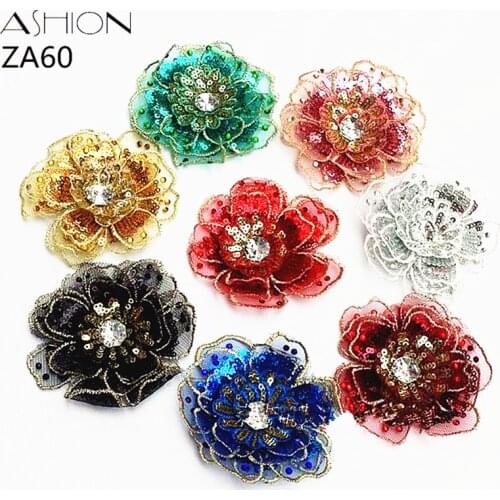 Zsbszc 9X9cm multi-color optional Crystal diamond sequins mesh lace Dance costumes embroidery 3D flower patch applique lace ZA60