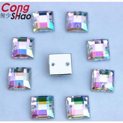 Cong Shao 200PCS 10mm Square AB clear Acrylic rhinestone trim stones and crystals flatback sewing 2 Hole costume Button CS203K