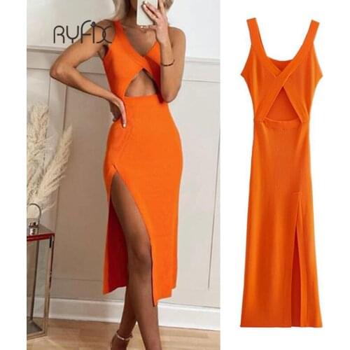 2021 New Women Sexy Bodycon Dress Simple Sleeveless Spaghetti Strap V-neck Hollow Out Split Dress Summer Beach Party Vestidos