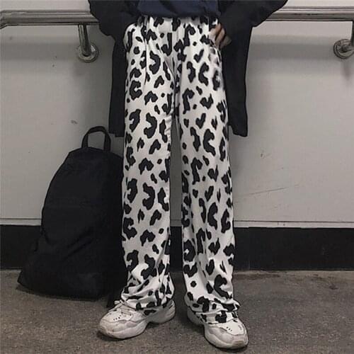 Autumn womens Wide Leg Pants Fashion Loose womens Trousers Cow Pattern Printing Casual High Waist Draped Trousers