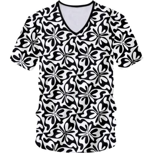 CJLM New Mens Pattern Oversized T-shirt Punk Style Black White Leaf V-Tshirt Hip-hop Funny Sleeved Top 3D Printing Summer 4XL