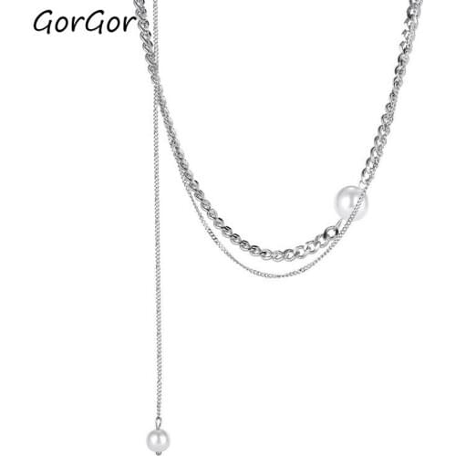 GorGor Necklace Women Stainless Steel Pattern Double Chain Beads Clavicle Chain Individuality Anniversary Jewelry TX-1800