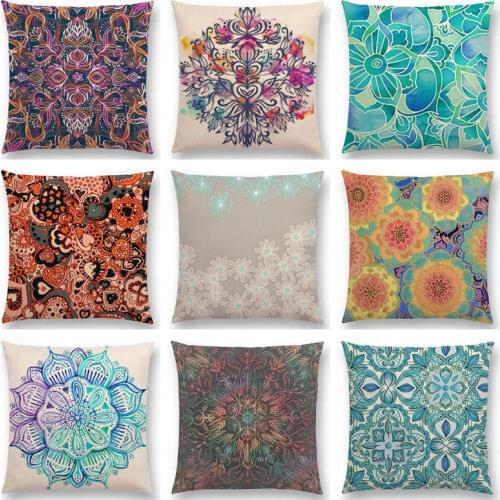 Hot Sale Vivid Art Colorful Flowers Gorgeous Floral Doodle Geometry Mandala Coral Wonderland Pattern Cushion Sofa Throw Pillow