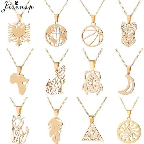 Jisensp Hip Hop Charm Necklace Stainless Steel Animal Pendants Necklaces Fashion Africa Map Leaf Moon Necklace Gold Collier 2019