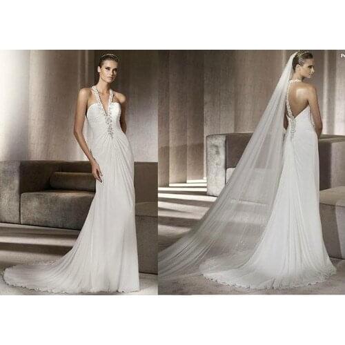 Pretty wedding gown vestido de noiva floor length Halter backless rhinestone applique Bridal chiffon Bespoke Wedding Dresses