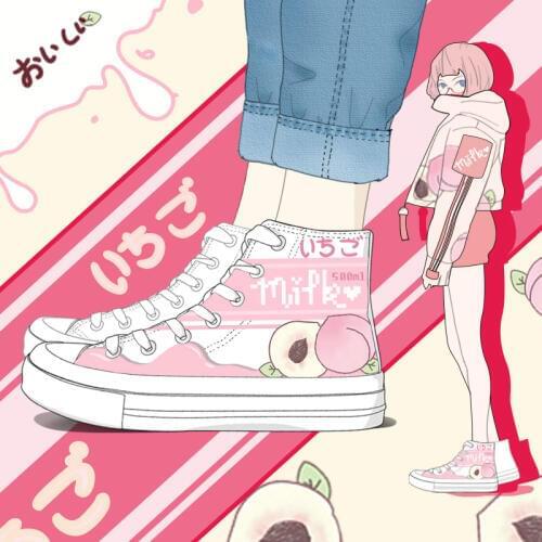 Amy and Michael Hand-painted Peach Cute Women Vulcanize Shoes Classic Canvas Shoes Ladies Casual High Top Lace-up Sneakers