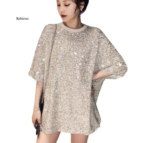 Fashion Style Casual Tees Girl Short Sleeve Long Tops Sequined Harajuku Summer Women T-shirts Silver