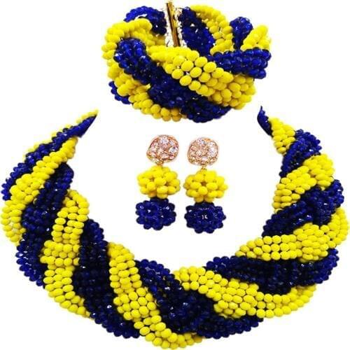 Fashion Royal Blue Opaque Yellow African Beads Jewelry Set Crystal Braid Necklace Party Jewelry Sets for Women 12BZ07