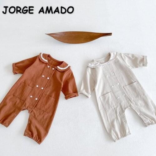 2021 New Autumn Baby Girls Boys Romper Peter Pan Collar Long Sleeve Double-breasted Jumpsuit Baby Clothing 0-2 Years E4009