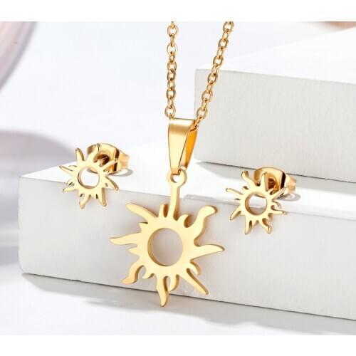 Girl cute sun pendant necklace women sun earrings ethnic hollow jewelry set high quality stainless steel jewelry Lovers gift