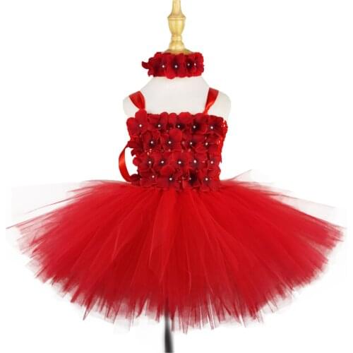 Girls Red Flower Petals Tutu Dress Kids Fluffy Crochet Tulle Dress with Hairbow Children Birthday Party Costume Fairy Dresses