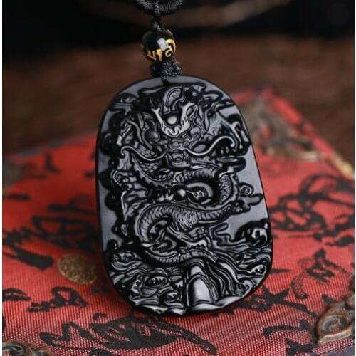 Drop Shipping carving Chinese black A Natural Obsidian carved dragon black obsidian necklace pendant