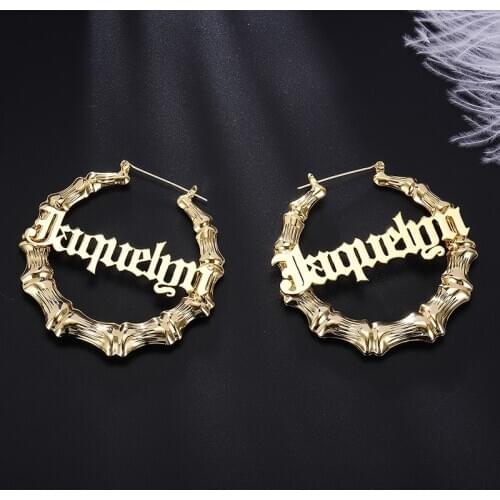 2020 Stainless Steel Bamboo Hoop Earrings Customize Name Earrings Bamboo Style Custom Hoop Earrings With Statement Words Numbers