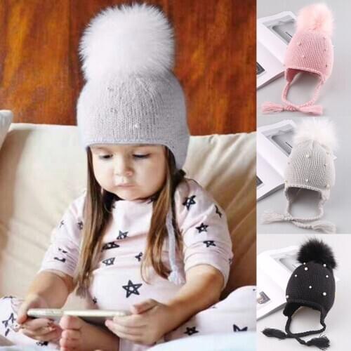 Newborn Infant Kids Baby Boy Girls Cute Pearl Hats Hair Ball Earbud Pearl Crochet Winter Warm Knit Hats
