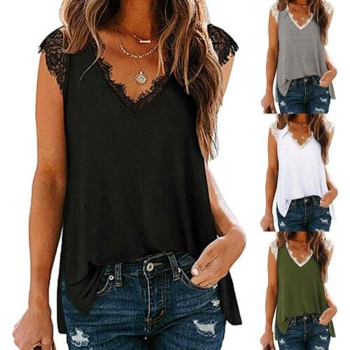 Women Blouse Lace Hem Decor Deep-V Cloth Summer Tops Vest Sexy V-Neck Lace Patchwork Casual Loose Summer Beach Tops Plus Size