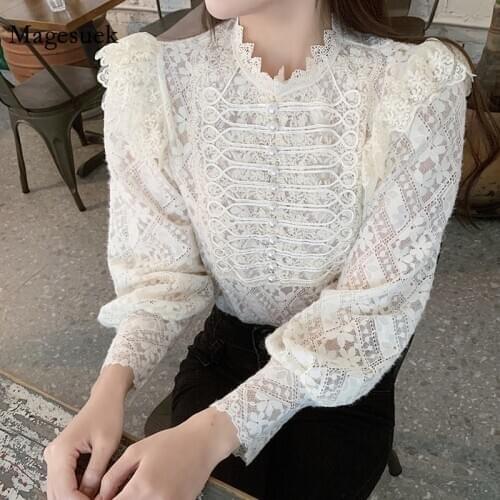Spring Lace Womens Blouse New French Vintage Long Sleeve Top Palace Style Luxury Shirt Elegant Ladies White Clothes Blusa 13300