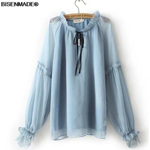 Women Clothing Blouses & Shirts Plus Size 2021 Autumn New Double Layer Chiffon Lace Sleeve Tops 1071