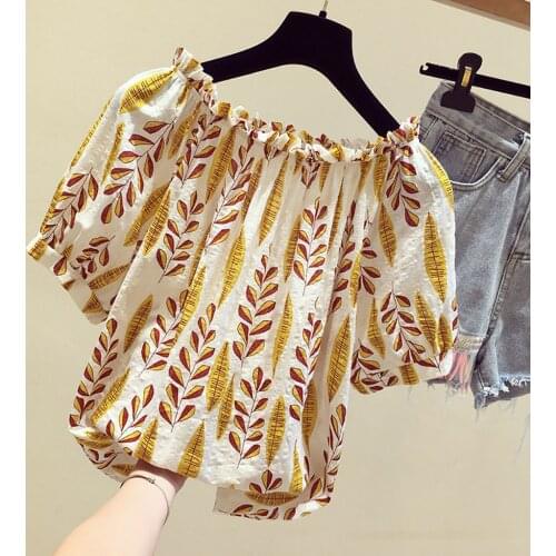 40#Women Chiffon Blouse Casual Cold Shoulder Leaf Printed Short Sleeve Loose Tops Summer Korean Elegant Shirt рубашка женская