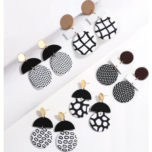 AMORCOME Handmade Dots Pattern Polymer Clay Drop Earrings for Women White Black Geometric Round Unusual Dangle Earrings Jewelry