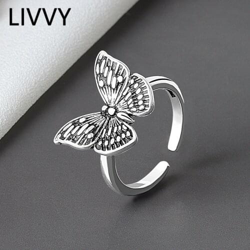 LIVVY Silver Color Open Adjustable Ring Retro Simple Butterfly Ring Fashion Trend Handmade Ring For Women 2021 Trend