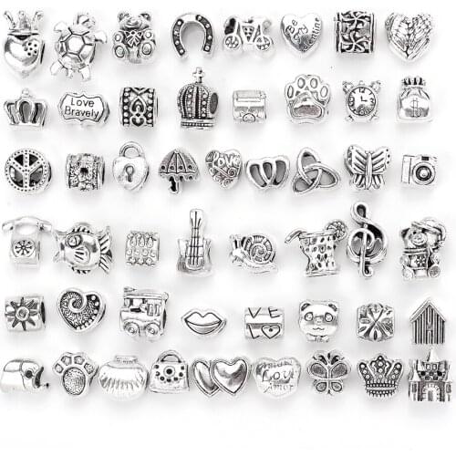 20pcs/lot Big Hole Metal Beads Crown Lip Music Heart Beads for Making Bracelet Keychain Spacer Clock Bead Jewelry Findings