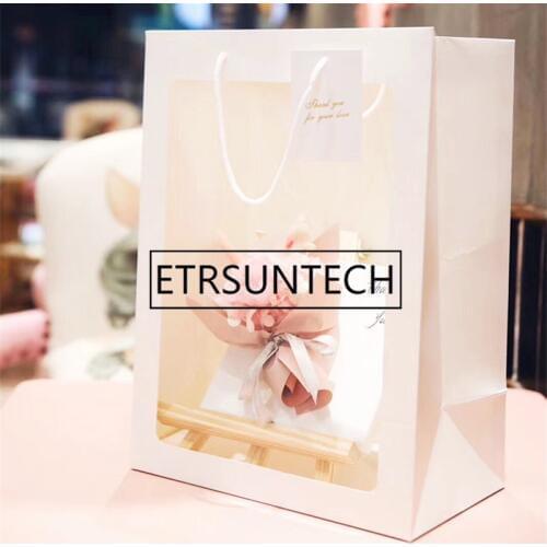 200pcs 25x15x35cm Pink/White/black Large Window Bag Transparent Visible Flower Packing Bag Gift Bag portable Paper Flower Bag