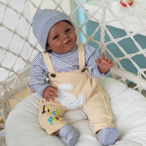 NPK 55CM Reborn Baby Shaya in Dark Brown Skin African American Baby Boy Sweet Face Cute oddler Boy Doll 3 Month Real Baby Size