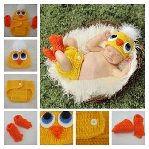 Baby Knitting Set Crochet Yarn Big Yellow Duck Clothes 3-Piece Set Newborns Gift Ropa Bebe Fotografia Recien Nacido
