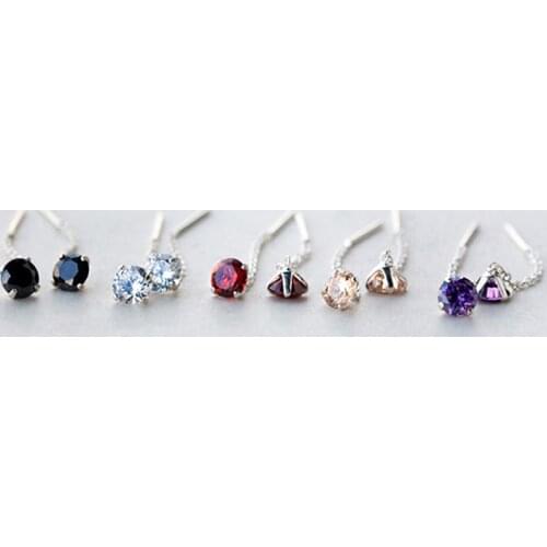 Real. 925 Sterling Silver Jewelry Red / Clear / Black / Purple / Champagne CZ Stone Long Earring Stud Earring for Women